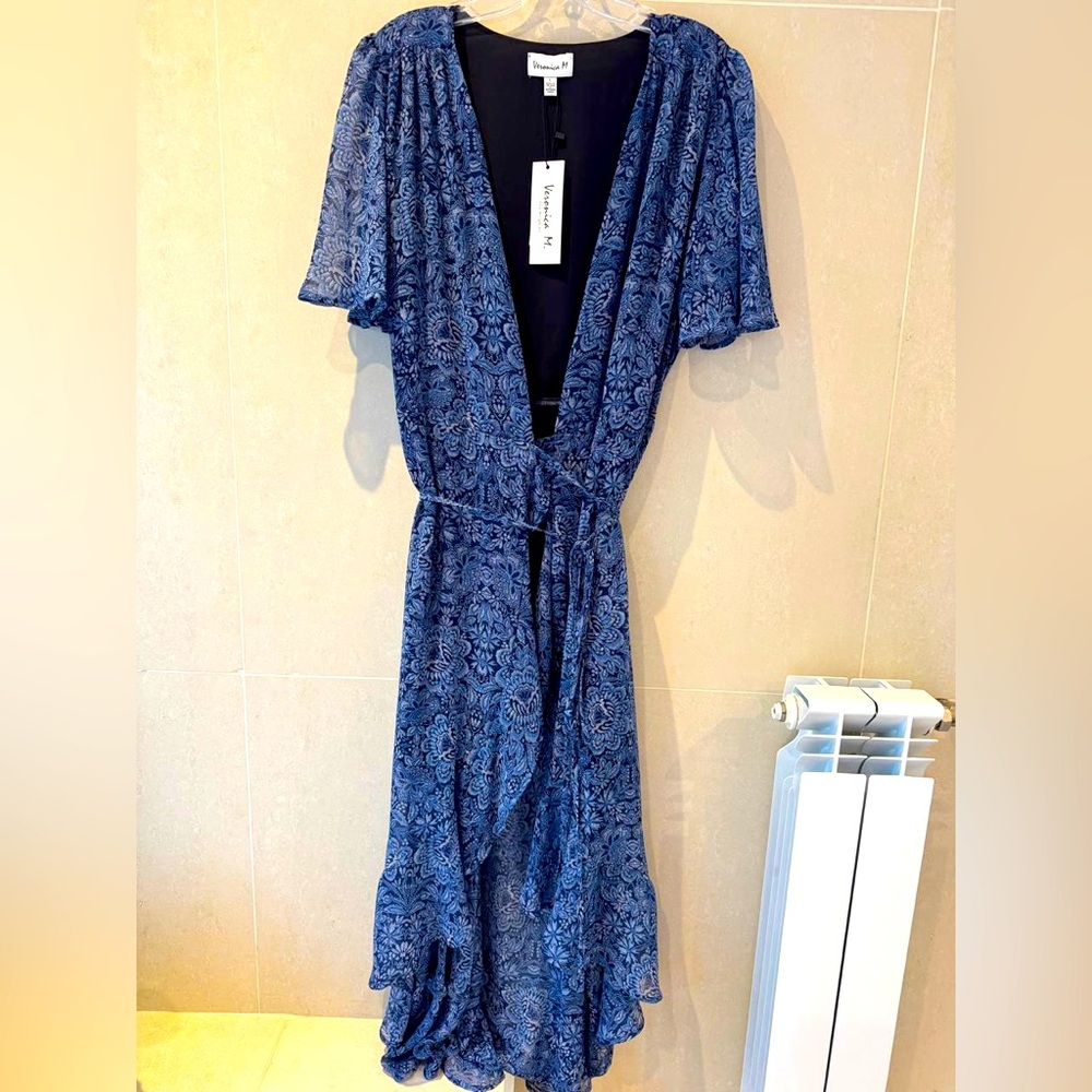 Veronica M Blue Ruffle Wrap Dress with Flutter Sleeves